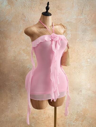 Mistrie Women's Elegant Sweet Tie-Up Hanging 3D Floral Decor Halter Dress