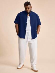 EASEVO Plus Size Men's Casual Loose Fit Short Sleeve Woven Shirt - Royal Blue - View 8