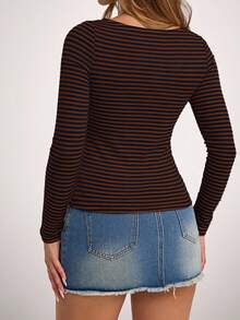 SHEIN Forever 21 Áo thun nữ cổ thuyền tay dài họa tiết sọc raglan - màu nâu - Xem 2