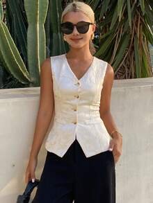 DAZY Women's Sleeveless V-Neck Solid Color Textured Fabric Tie-Waist Split Hem Lightweight Summer Vest Jacket Vacation School - Apricot - View 1