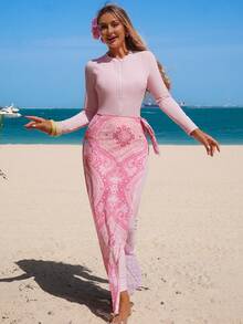 Swim Shayni 26SS 春夏度假优雅粉色佩斯利保守全包臀布基尼三件套 - 白色 - 查看 4