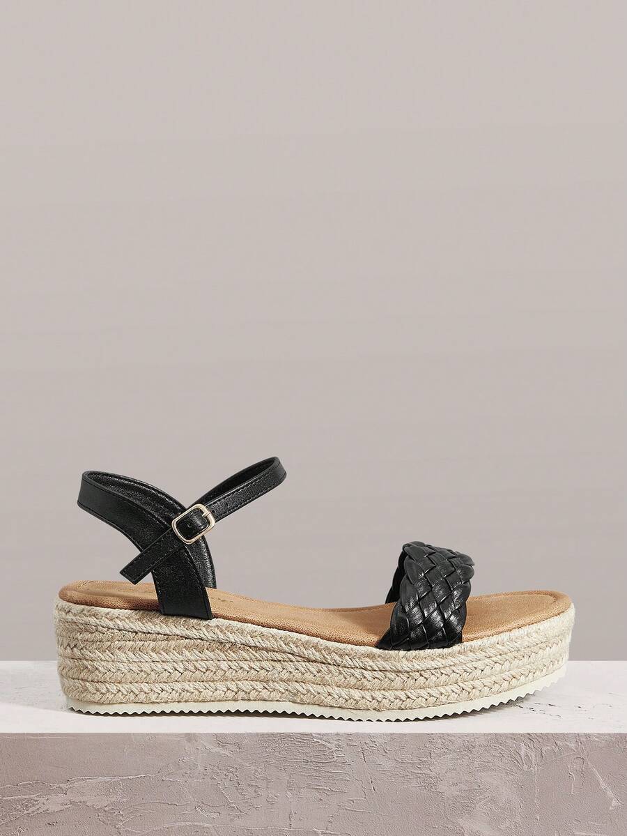 Styleloop Ladies Black Fashion Solid Color Woven Casual Platform Wedge Sandals, Upper PU Material Woven Decoration, Bohemian Vacation Style Retro French Canvas Sole Wedge Heel Ankle Sandals, Western Style, Music Festival Party Clothing, Spring And Summer Shoes, Spring Break Easter, Vacation Atmosphere, Summer Wear, Travel Essentials - Black 1 - View 1