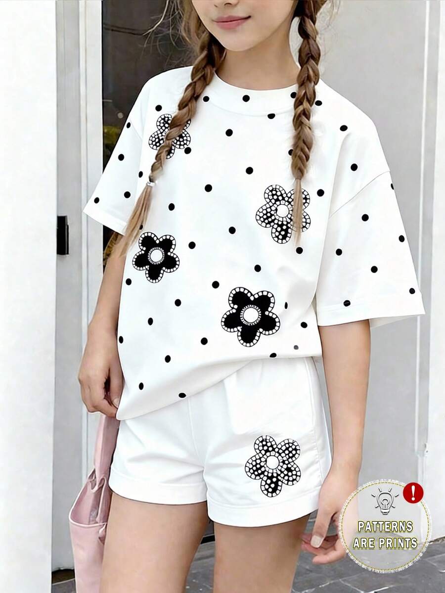 两件套女童休闲波点碎花T恤短裤套装,舒适百搭,适合春、夏、秋季日常穿着。 - 彩色 - 查看 1