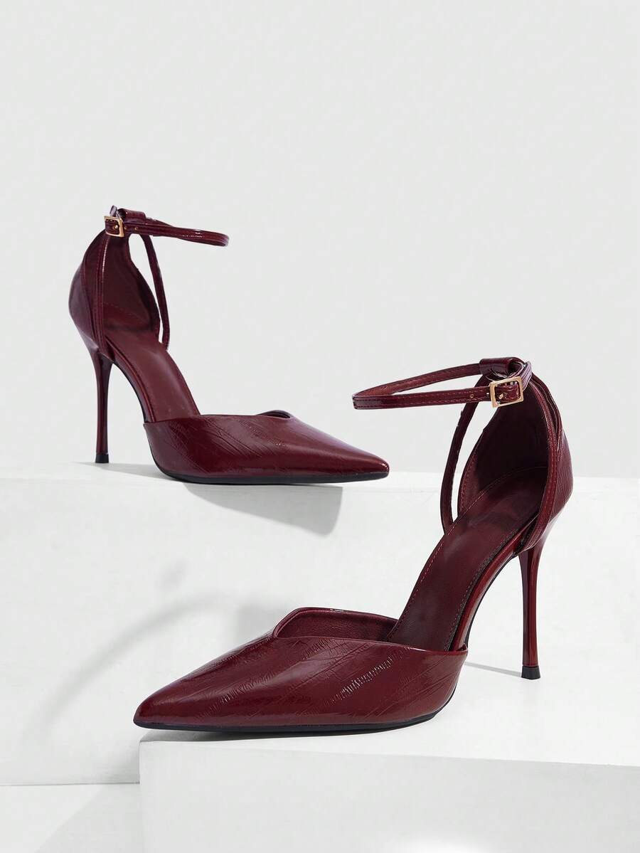 CUCCOO SZL Women's Casual Fashionable Simple Ankle Strap Pointed Toe High Heels, Summer - Burgundy - View 1