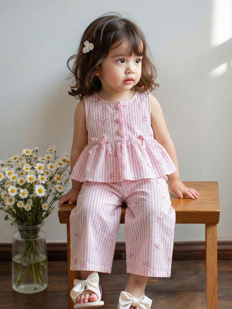 SHEIN LMoss Kids 女婴休闲可爱夏季波点无袖上衣和松紧腰裤套装 - 彩色 - 查看 1