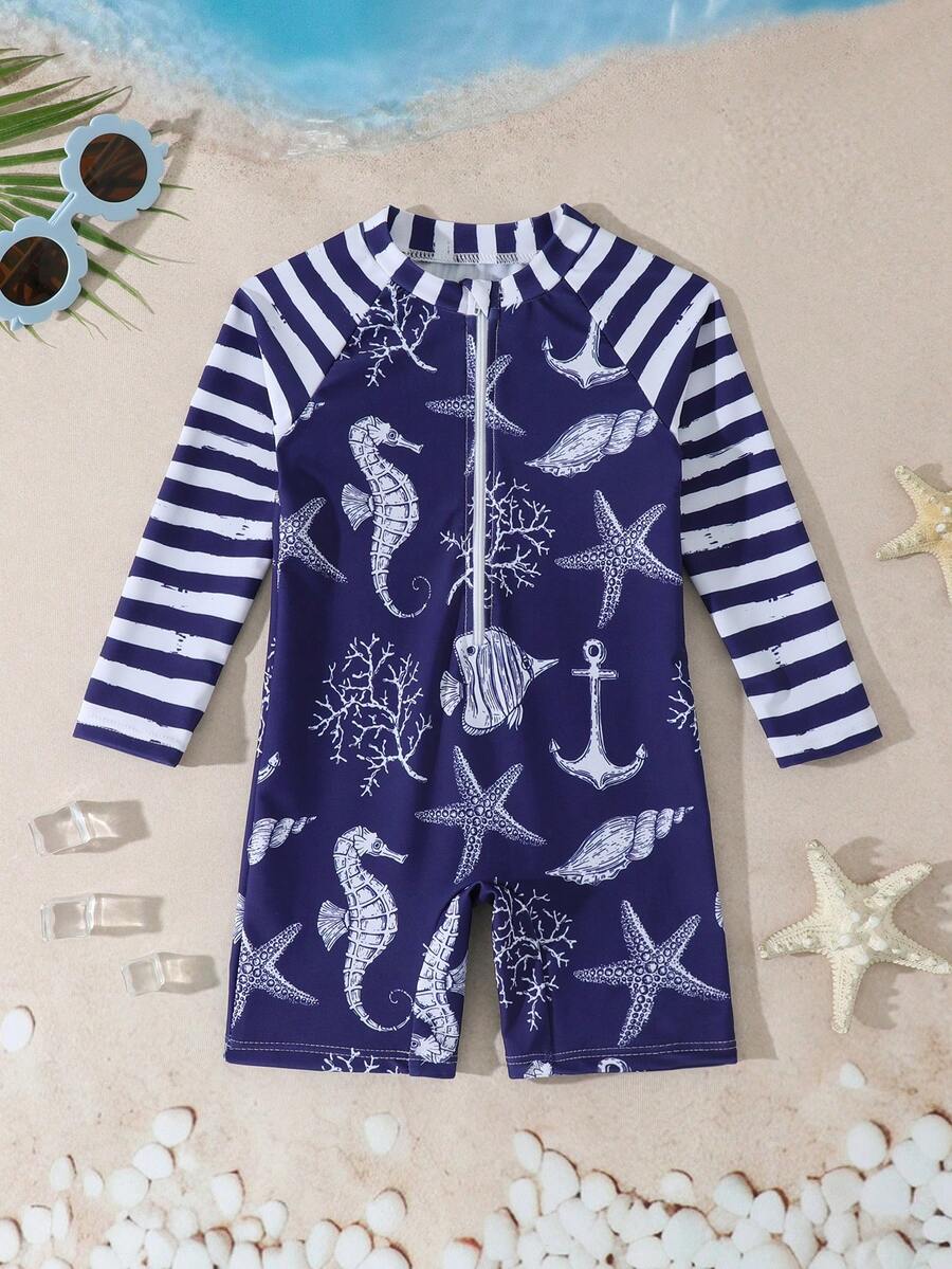 SHEIN 婴儿拉链泳衣,海洋生物鲨鱼印花。夏季海滩度假必备时尚单品。长袖设计,蓝色撞色,可爱的鲨鱼和海洋生物卡通图案。生动活泼。适合可爱的男宝宝在海滩玩耍时穿着。 - 藏蓝色 - 查看 1
