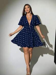 Viva Relle Plus Size Polka Dot Sexy Bow Tie Dress - Navy Blue - View 4