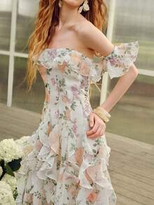 MOTF Soiréza ELEGANT WOMEN'S OFF-SHOULDER MAXI PARTY GOWN IN WHITE BASE WITH SOFT PURPLE, ORANGE & PINK RANDOM FLORAL PATTERNS ACCENTED BY GREEN FOLIAGE - White - View 2