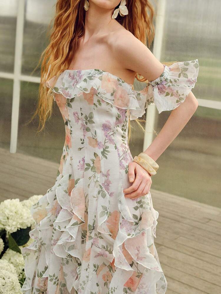 MOTF Soiréza ELEGANT WOMEN'S OFF-SHOULDER MAXI PARTY GOWN IN WHITE BASE WITH SOFT PURPLE, ORANGE & PINK RANDOM FLORAL PATTERNS ACCENTED BY GREEN FOLIAGE, RUFFLE TRIM DRESS FOR ROMANTIC DIMENSION, PERFECT FOR SPRING WEDDINGS, GARDEN PARTIES, PROM NIGHTS, EVENING GALAS, OUTDOOR WOODLAND EVENTS, BIRTHDAY BASHES & FORMAL DINNERS