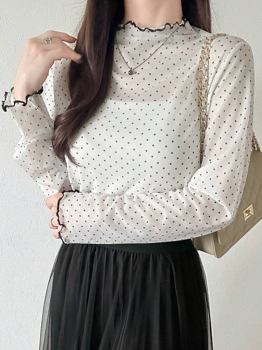 FRIFUL Women's Casual Polka Dot Print Long Sleeve T-Shirt - White - View 1