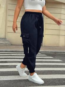 Muchica Plus Size Women Cargo Pants With Flap Pockets & Drawstring, Minimalist Versatile Fall - Navy Blue - View 6