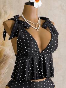 Swim Mod Bộ đồ bơi hai mảnh dành cho nữ, họa tiết kẻ caro, kiểu dáng thường ngày, áo croptop hai dây buộc phía trước và quần short cạp chun, thích hợp cho mùa hè. - màu đen - Xem 7