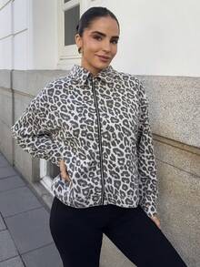 Marta Soriano Áo khoác denim dáng rộng họa tiết da báo thường ngày dành cho nữ - Xám - Xem 6