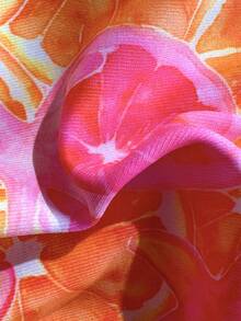 Swim Mod 2pcs/Set Orange And Pink Random Floral Print Ruffle Trim Halter Neck Triangle Bikini Top And Side Tie Bottoms Summer Cute Beach Vacation Holiday - Multicolor - View 6