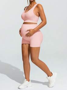 SHEIN 孕妇夏季纯色交叉绑带运动短裤和运动文胸套装 - 藕粉色 - 查看 7
