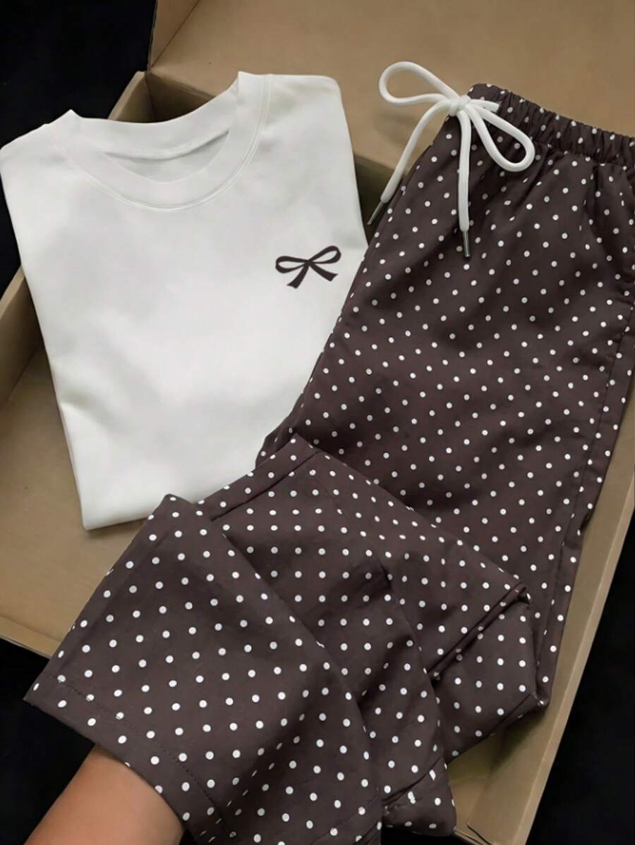 SHEIN EZwear 两件套休闲复古优雅通勤百搭波点领结套装,舒适居家服,度假装,女士夏季服装 - 圆领短袖上衣和条纹印花裤 - 彩色 - 查看 1