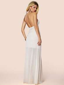 Olia Maree Women's Elegant Summer White Gold Halter Deep V-Neck Sheer Mesh Dress,Ruched Waist Gold Chain Decor Front Slit Hem,Party Night Formal Evening Dresses - Apricot - View 3