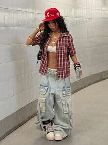 StreetHx Áo sơ mi ngắn tay kẻ caro phong cách đường phố dành cho nữ - Đỏ - Xem 5