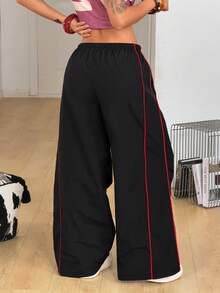 Coolane 女士春夏街头风 Y2K 派对返校季拼接抽绳黑色低腰宽松阔腿裤 - 黑色 - 查看 5