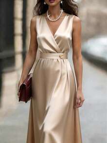 SHEIN Franclia 女士四季皆宜V领缎面光泽面料修身A字中长连衣裙，时尚商务休闲优雅连衣裙，春夏连衣裙，优雅连衣裙，蜜桃色连衣裙，外套，缎面连衣裙，金属按扣，腰带系带连衣裙 - 杏色 - 查看 7