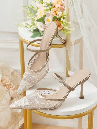CUCCOO HITCHD 女士鞋履春夏新款网面水钻压花装饰小方头高跟鞋婚礼季浪漫优雅香槟色礼服鞋情人节穿着高跟凉鞋