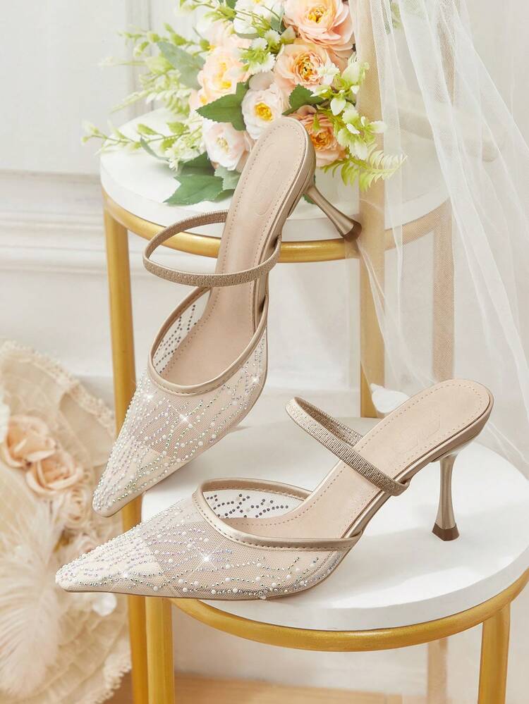 CUCCOO HITCHD Women Shoes Spring And Summer New Mesh Rhinestone Pressed Diamond Decoration Small Square Toe Word With High Heels Wedding Season Romantic Elegance Champagne Dress Shoes Valentine's Day Wear High Heels Sandals