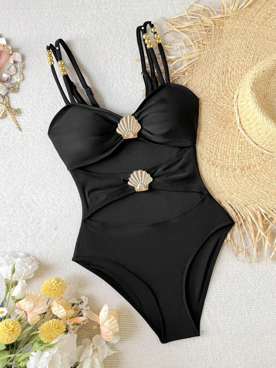 SHEIN 少女度假V领系带花卉金属扣白色针织纹理修身连体泳衣 - 黑色 - 查看 1