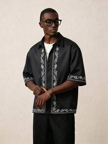 STYNVO Men's Graphic Print Button Front Casual Short Sleeve Shirt - Black - View 1