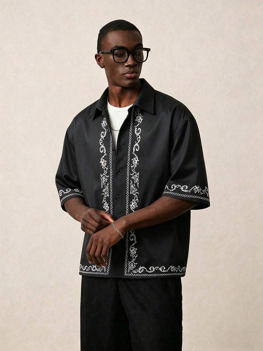 STYNVO Men's Graphic Print Button Front Casual Short Sleeve Shirt - Black - View 1