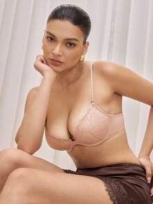 Bralution 夏季性感露背蕾丝文胸，带前扣，防下垂和聚拢效果，塑形和调整小胸部，一体式内衣 - 米色 - 查看 6