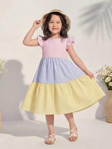 SHEIN Gaun Kasual Lucu untuk Anak Perempuan, Motif Garis-Garis Pink Tenun dengan Warna Kontras, Leher Bulat, dan Hem Berkerut, Cocok untuk Liburan Musim Panas. - MultiWarna - View 5