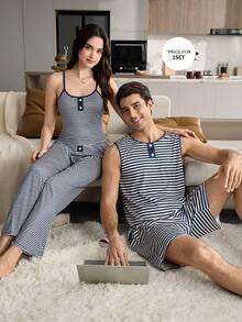 CoupledUp Conjunto de pijama casual sin mangas con estampado de color a contraste a rayas para hombres de talla grande - Azul - Ver 9