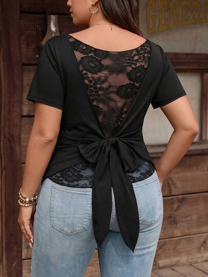 SHEIN LUNE CURVE Camiseta de mujer talla grande con cuello redondo, manga corta, diseño de encaje y parches, elegante y sexy. Versátil para uso diario, vacaciones, compras, citas, fiestas, diseño minimalista