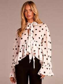 Women's Elegant Long Sleeve Tie-Waist Ruffle Polka Dot Blouse, Versatile For Commuting, Office, Outing, Romantic Wedding Guest, Spring/Summer - Black and White - View 6