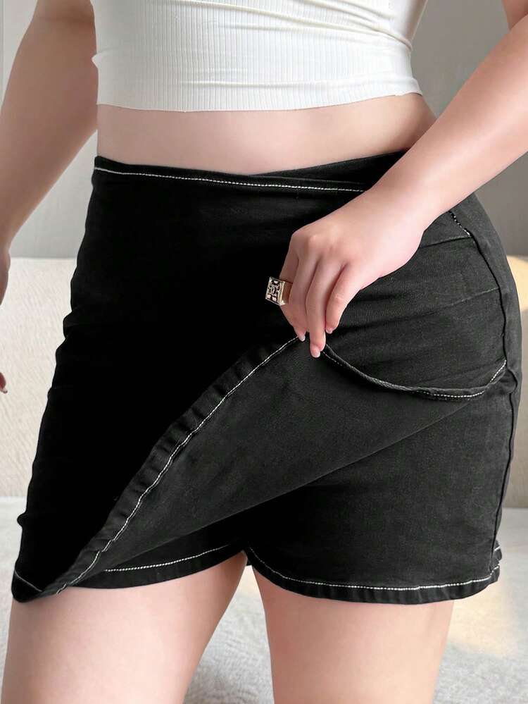 Dazy Plus Stretchy Bodycon Side Slit Denim Mini Skirt, Sexy & Versatile, Plus Size, Spring/Summer