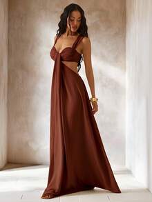 Hauture Sexy Solid Color Backless Dress, Summer - Brown - View 4
