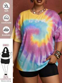 SHEIN CURVE+ Talla grande US22 Camiseta suelta de cuello redondo con hombros caídos y teñido anudado, para festival de música, vacaciones en la playa, estilo bohemio de verano - Multicolor - Ver 2