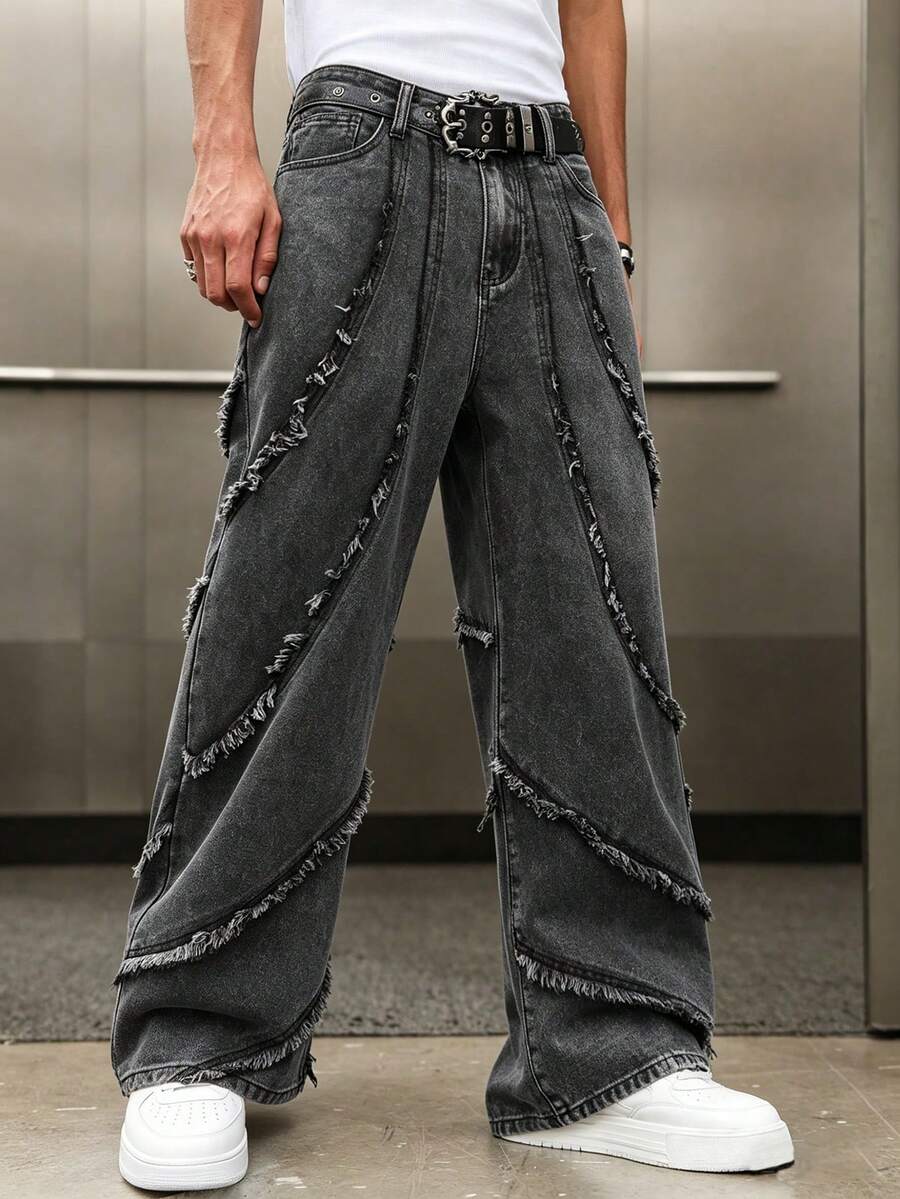 GALLERY FADE Calça Pantalona Larga Remendada e Desgastada, Cinza Terra Lavada, Moda de Rua Masculina - Chumbo - Visão 1