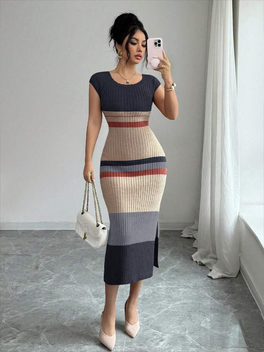 Elenzga Vestido de punto elegante de manga corta con cuello en U, ajustado, de largo medio con abertura en el bajo, diseño de rayas, estilo versátil de señora, nuevo para primavera/verano - Multicolor - Ver 1