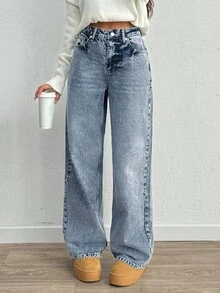 Women Loose Straight Leg Casual Jeans With Pockets, Versatile Style - Medium Wash - View 4