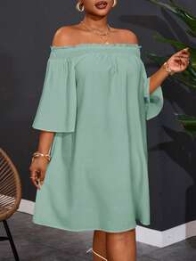 Slaydiva Plus Size Women's Off Shoulder Elegant Commute & Vacation A-Line Dress Fall - Green - View 6