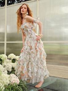 MOTF Soiréza ELEGANT WOMEN'S OFF-SHOULDER MAXI PARTY GOWN IN WHITE BASE WITH SOFT PURPLE, ORANGE & PINK RANDOM FLORAL PATTERNS ACCENTED BY GREEN FOLIAGE - White - View 7