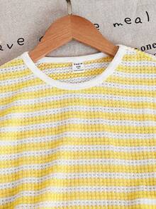 SHEIN Young Girls Round Neck Ruffle Trim Casual Striped Summer T-Shirt Set - Yellow - View 5