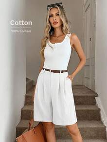 Easowa Quần short Bermuda dáng suông mùa thu, chất liệu cotton, quần short dài màu kaki thoải mái dành cho nữ, có túi và khóa kéo, phù hợp với phong cách cổ điển, công sở, đi làm và dạo phố hàng ngày. - trắng - Xem 3