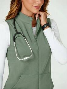 TaskEZ Chaqueta de uniforme de scrubs sin mangas con cierre de cremallera de unicolor - Verde - Ver 6