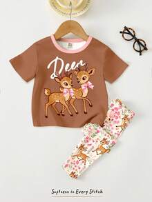 SHEIN 2件套 女童可爱柔软蝴蝶结小鹿“Oh Deer！”波西米亚印花休闲宽松圆领短袖T恤和打底裤套装，适合春夏穿着 - 彩色 - 查看 3