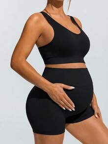 SHEIN Set de pantaloni scurți sport și sutien sport pentru maternitate, culoare uni, cu model încrucișat - Negru - Vizualizare 6