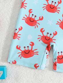 SHEIN 6-9 个月男婴长袖泳衣，可爱螃蟹卡通印花连体泳衣 - 彩色 - 查看 6