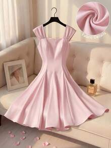 Modelyn Đầm ngắn cổ vuông dáng xòe thanh lịch, ôm sát, thời trang mùa xuân và hè. - Hồng - Xem 4
