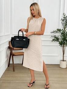 Women Midi Dresses,Casual Clothes,Summer Dresses For Women Vacation Outfits Women Casual Dresses Casual Dresses Sleeveless Round-Neck Midi Dress With Side Slit White Dress For Women Chic Dresses For Women Casual Dresses For Women Summer Elegant Dress For Women New Arrival Dress New Arrival Dress For Women Casual - Apricot - View 6
